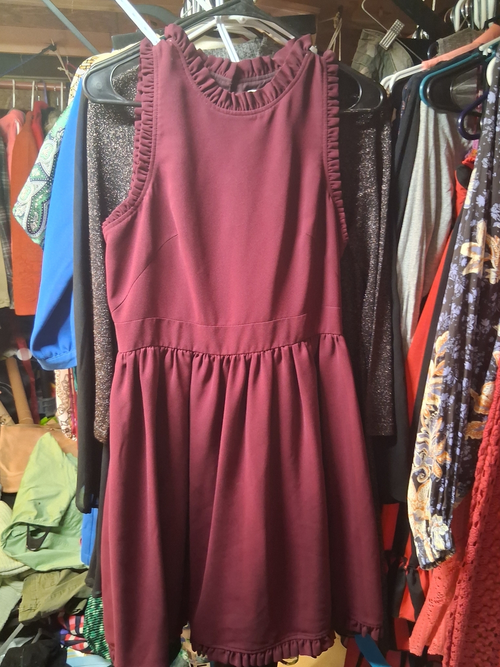 kate spade Sleeveless Ruffle-Trim Fit & Flare Dress - Burgundy